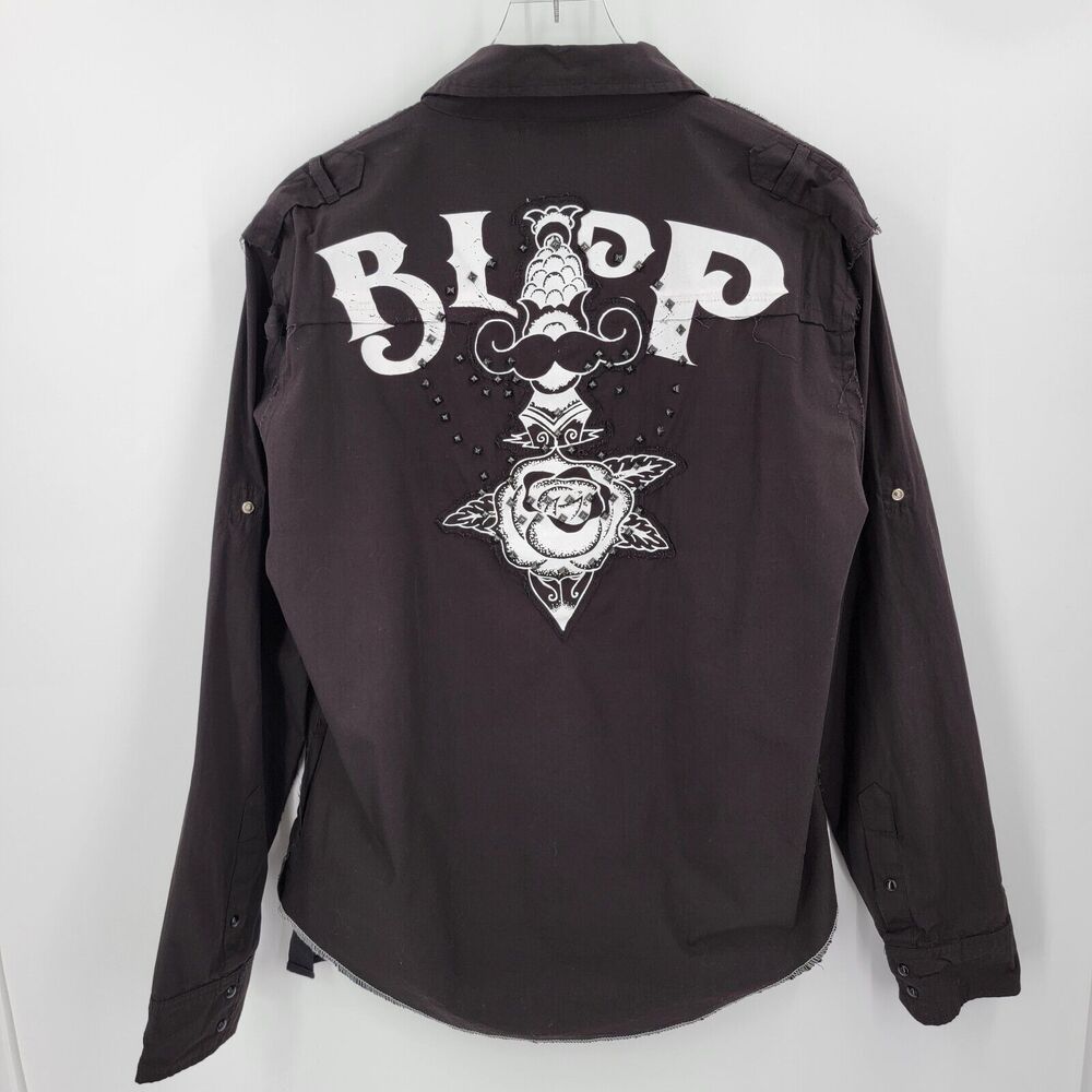 Blac Label Shirt Mens Large Snap Button Distressed Studded Roll Tab Grunge